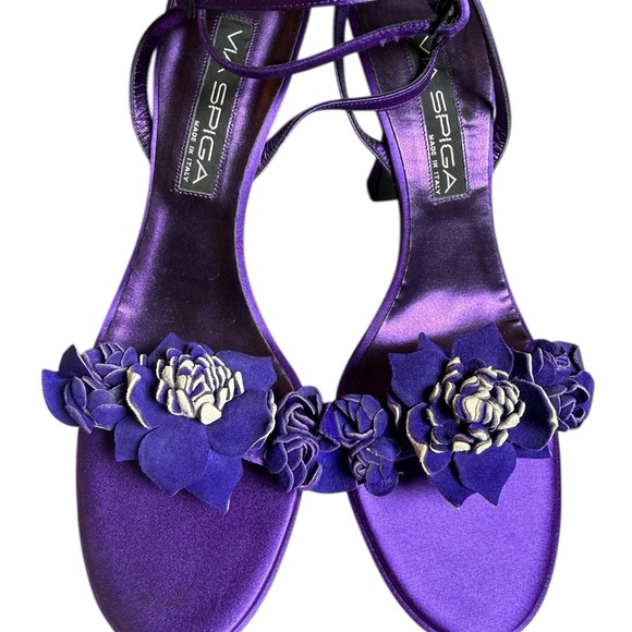 Via Spiga Purple Satin Floral Accent Slingback Heels - Picture 2 of 5